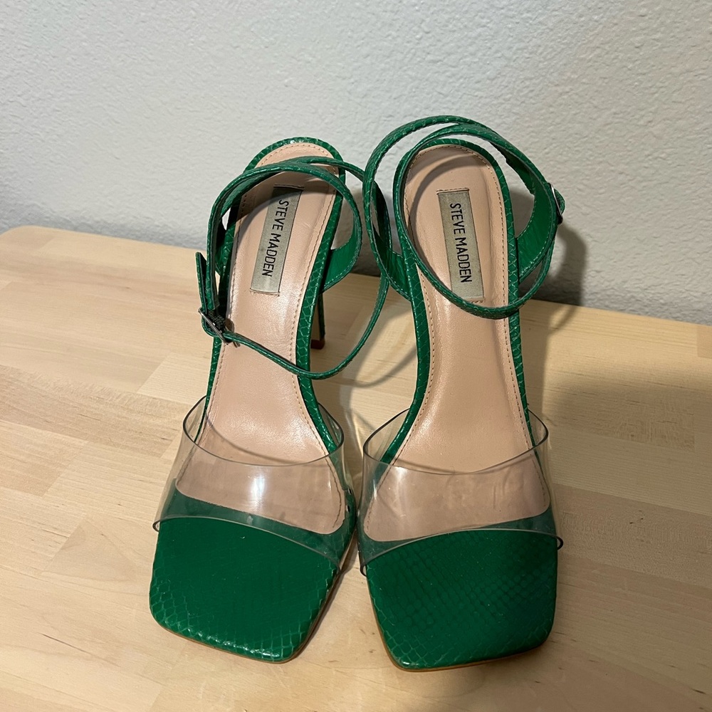 Steve Madden Jessenia Green Acrylic Snakeskin Stiletto Sandals - Picture 7 of 11